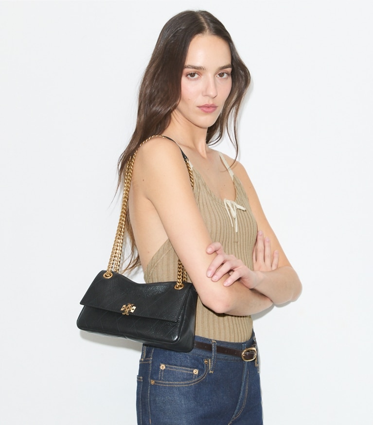 Tory Burch designer shoulder bags Small Charlie Quilted Shoulder Bag in Black accessory on model