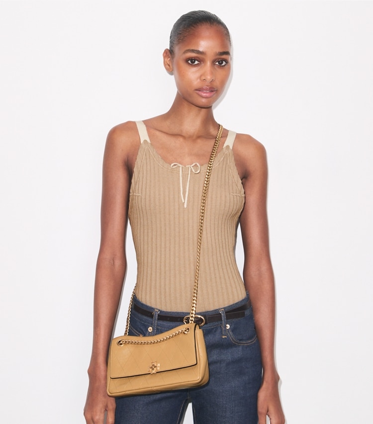 Tory Burch designer shoulder bags Small Charlie Quilted Shoulder Bag in Pecan accessory on model