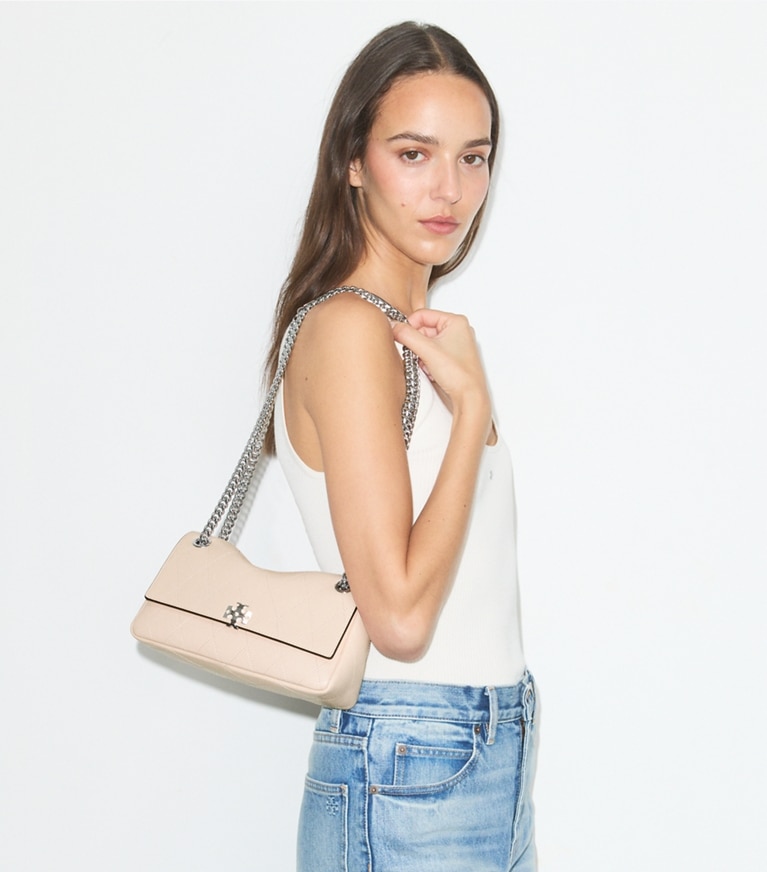 Tory Burch designer shoulder bags Small Charlie Quilted Shoulder Bag in Soft Pink accessory on model