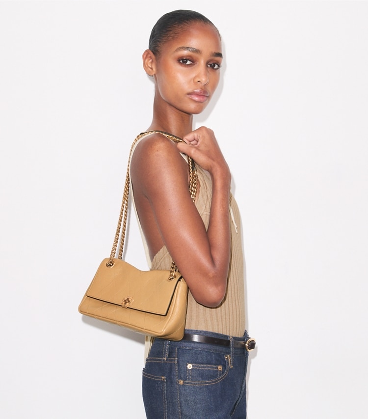 Tory Burch designer shoulder bags Small Charlie Quilted Shoulder Bag in Pecan additional on model