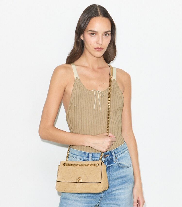 Tory Burch designer shoulder bags Small Charlie Quilted Suede Shoulder Bag in Stone additional on model