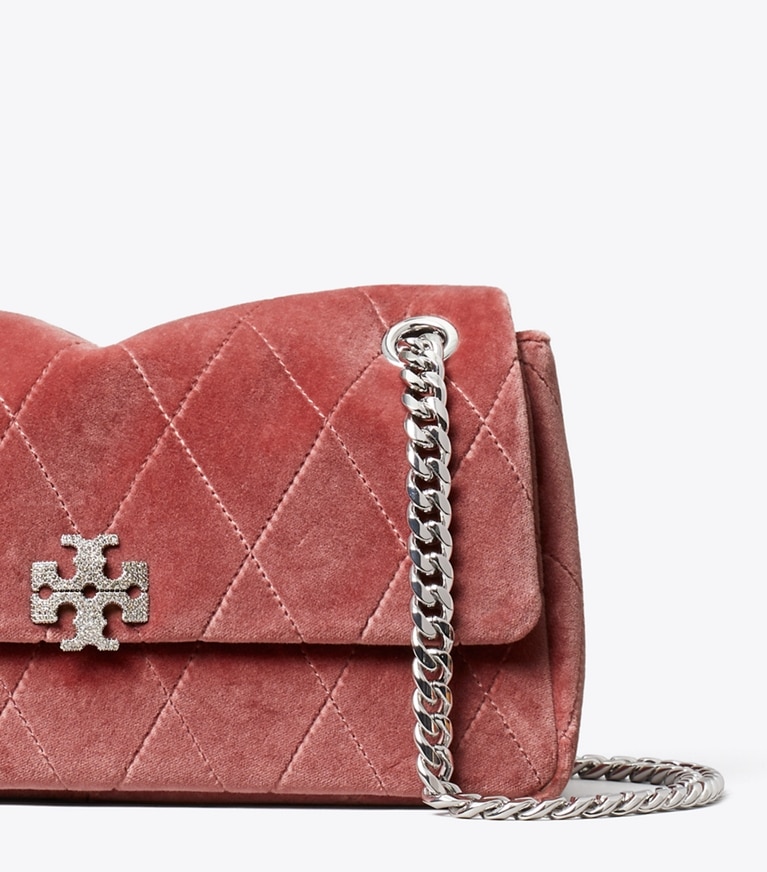 Tory Burch designer shoulder bags Small Charlie Quilted Velvet Pavé Shoulder Bag in Desert Flower detail