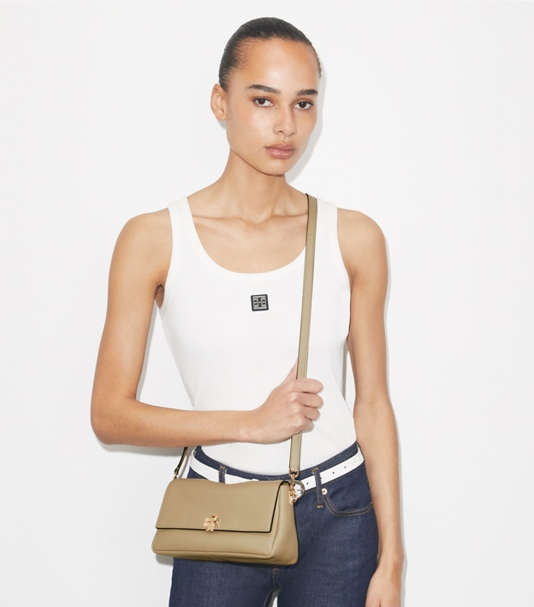 Tory Burch designer shoulder bags Small Charlie Shoulder Bag in Soft Cement additional on model