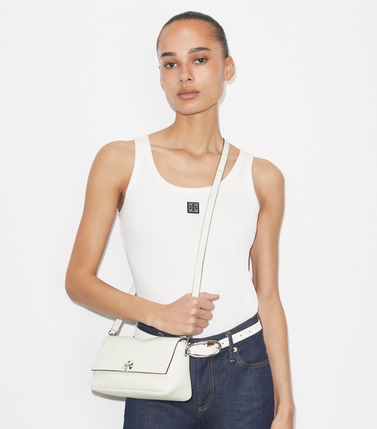 Tory Burch designer shoulder bags Small Charlie Shoulder Bag in Bianco additional on model