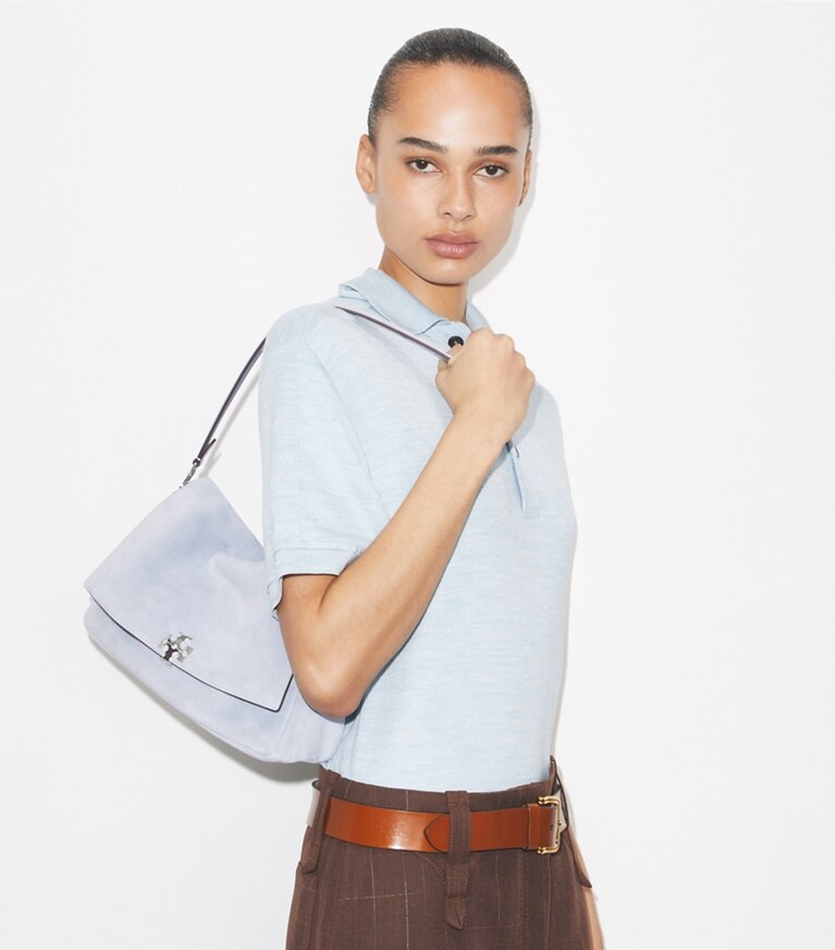 Tory Burch designer shoulder bags Small Charlie Suede Shoulder Bag in Light Blue accessory on model