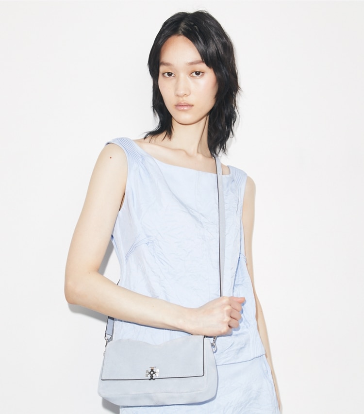 Tory Burch designer shoulder bags Small Charlie Suede Shoulder Bag in Light Blue additional on model