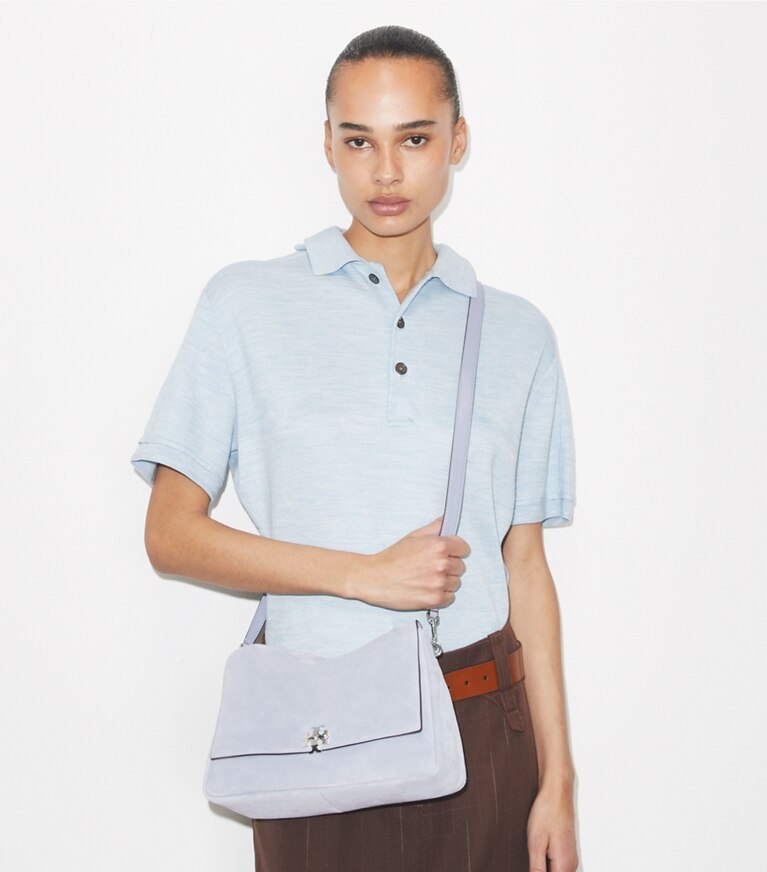 Tory Burch designer shoulder bags Small Charlie Suede Shoulder Bag in Light Blue additional on model