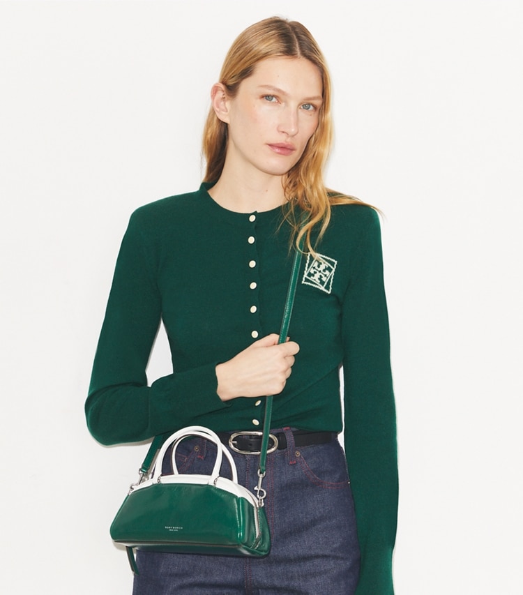 Tory Burch designer crossbody bags Small Colorblock Bowler in Sapphire Green accessory on model