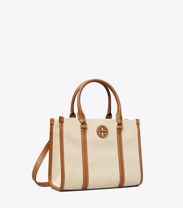 Tory Burch designer トートバッグ パテント スモールトート in Canvas / Classic Cuoio / Classic Cuoio angle