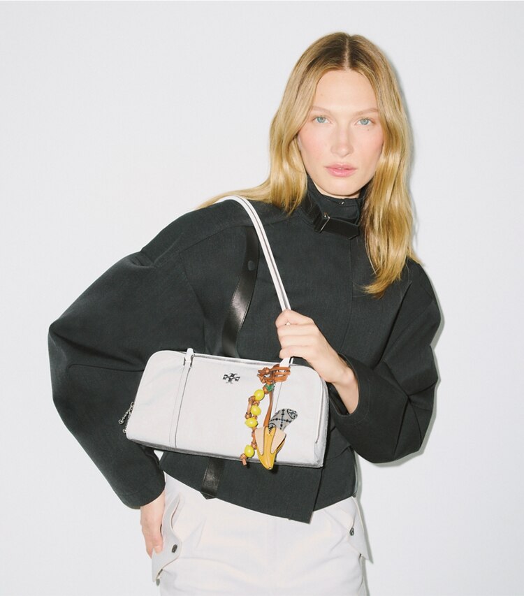 Tory Burch designer shoulder bags Small Crinkle Leather Marshmallow Satchel in White accessory on model