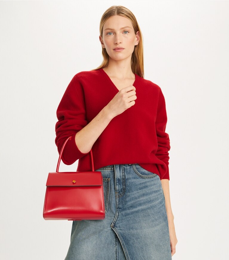 Tory Burch designer サッチェルバッグ スモールデビルバッグ in Warm Red angle