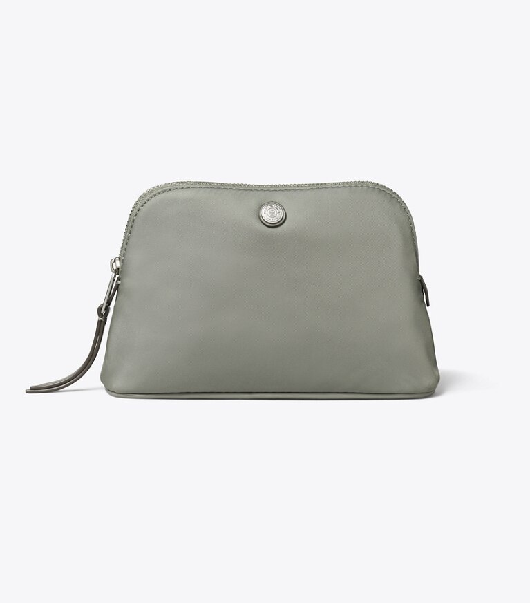 Tory Burch designer ポーチ ドーム ナイロン スモール コスメティックケース in Shale Rock angle