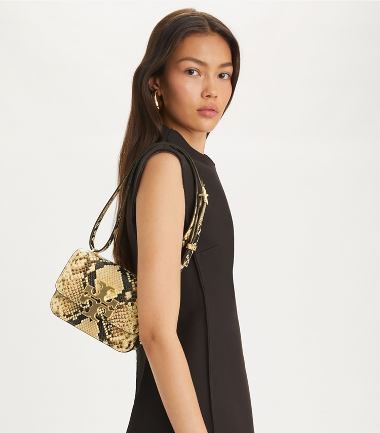 Tory Burch designer shoulder bags Small Eleanor Bag in Coriander / Black Multi accessory on model