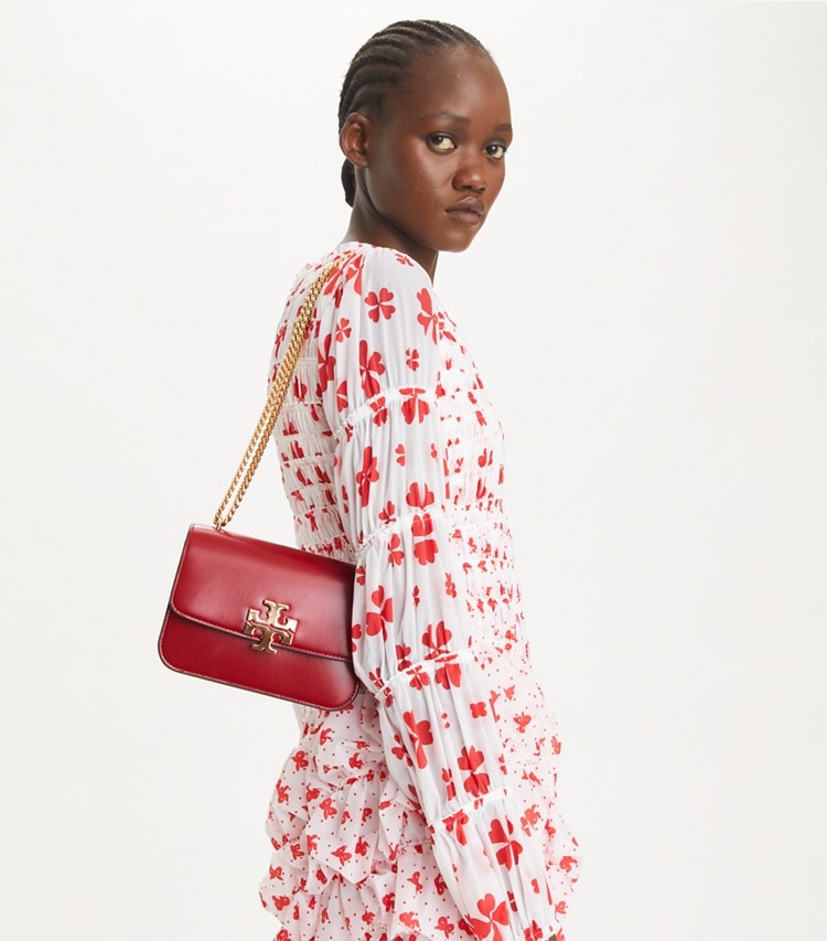 Tory Burch designer shoulder bags Small Eleanor Bag in Ruby accessory on model