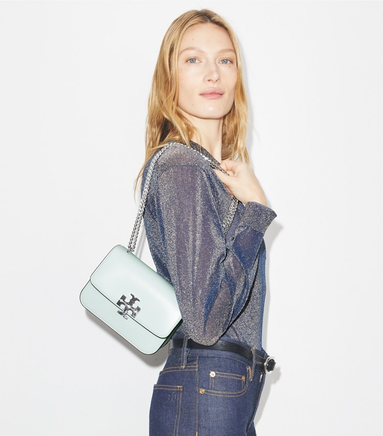 Tory Burch designer shoulder bags Small Eleanor Bag in Celestine accessory on model