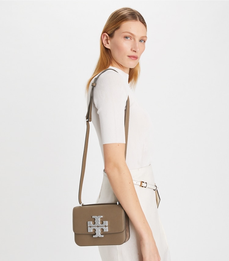 Tory Burch designer shoulder bags Small Eleanor Convertible Shoulder Bag in Wild Mushroom accessory on model