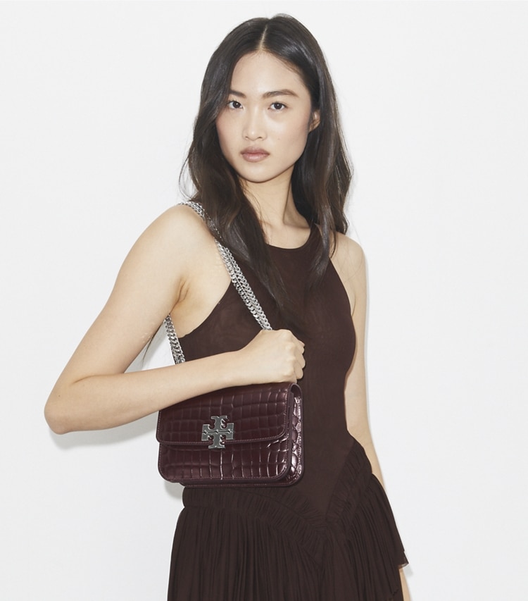 Tory Burch designer shoulder bags Small Eleanor Croc-Embossed Shoulder Bag in Deep Burgundy accessory on model