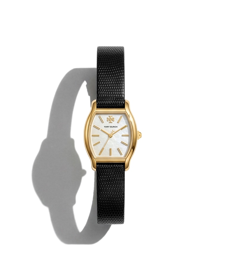 Tory Burch designer strap watches Small Eleanor Curve Watch in MOTHER-OF-PEARL/GOLD/BLACK LIZARD additional