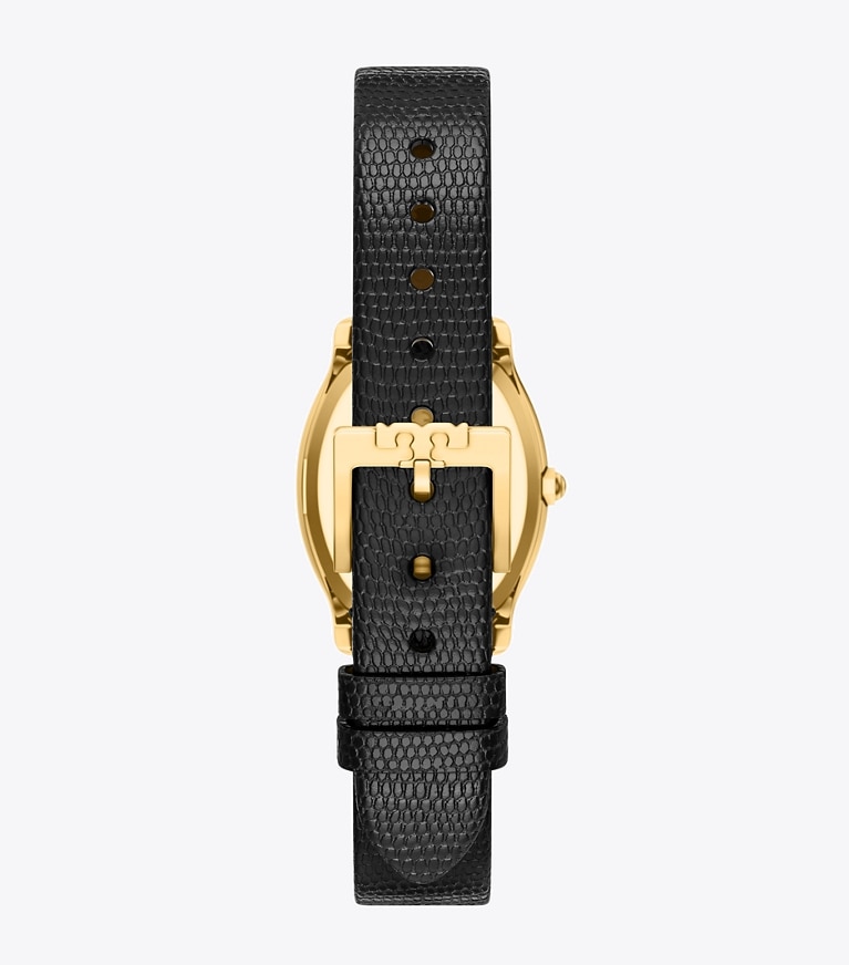Tory Burch designer strap watches Small Eleanor Curve Watch in MOTHER-OF-PEARL/GOLD/BLACK LIZARD back