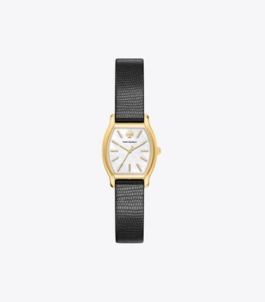 Tory Burch designer strap watches Small Eleanor Curve Watch in MOTHER-OF-PEARL/GOLD/BLACK LIZARD front
