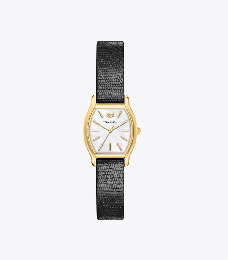 Tory Burch designer strap watches Small Eleanor Curve Watch in MOTHER-OF-PEARL/GOLD/BLACK LIZARD front