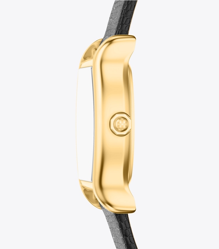 Tory Burch designer strap watches Small Eleanor Curve Watch in MOTHER-OF-PEARL/GOLD/BLACK LIZARD side