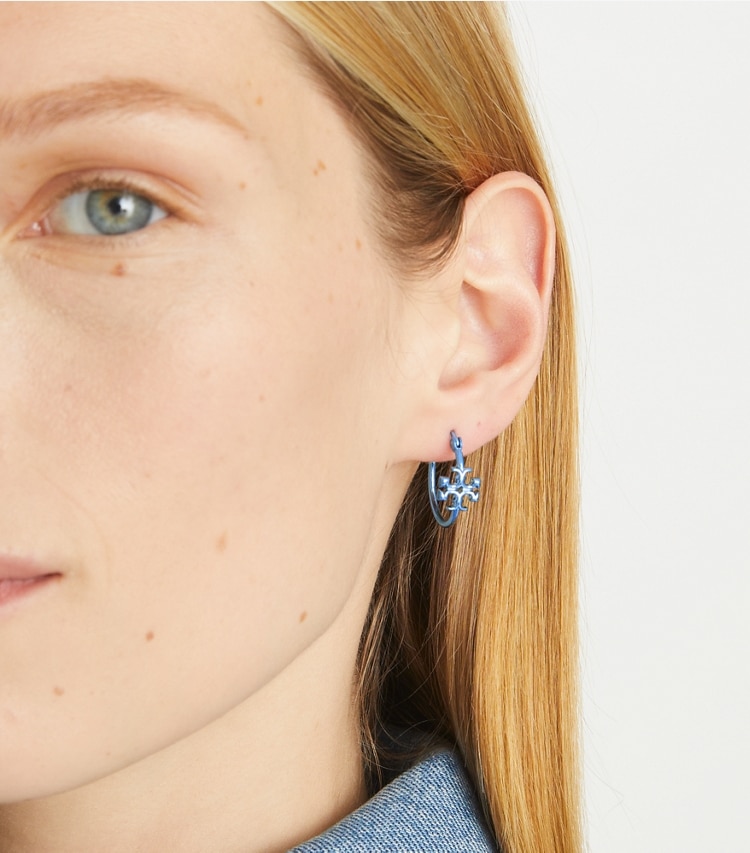 Tory Burch designer earrings Small Eleanor Hoop Earring in Ice Blue accessory on model