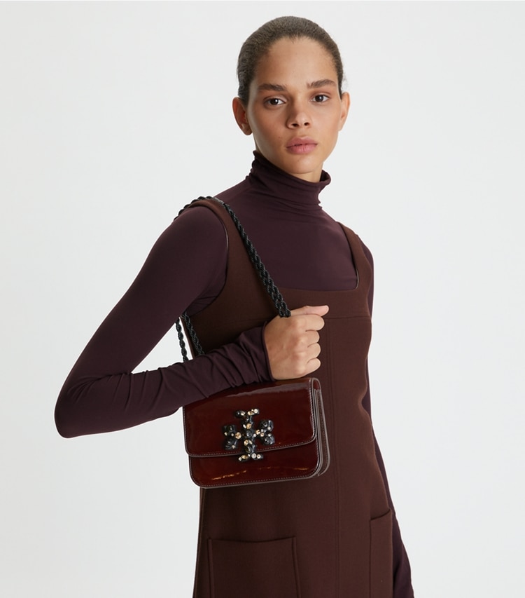 Tory Burch designer shoulder bags Small Eleanor Patent Jeweled Bag in Albarossa accessory on model