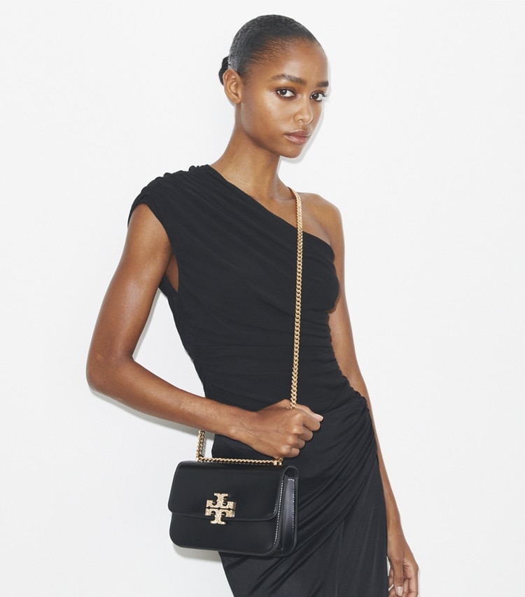 Tory Burch designer shoulder bags Small Eleanor Pavé Shoulder Bag in Black additional on model