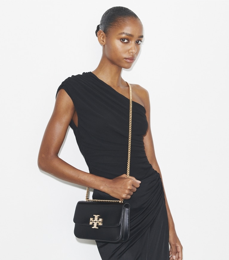 Tory Burch designer shoulder bags Small Eleanor Pavé Shoulder Bag in Black angle
