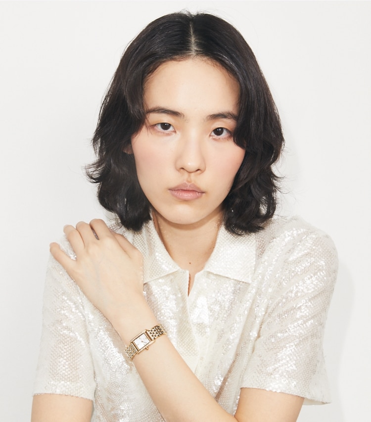 Tory Burch designer strap watches Small Eleanor Watch in MOP/STONES/TWO-TONE accessory on model