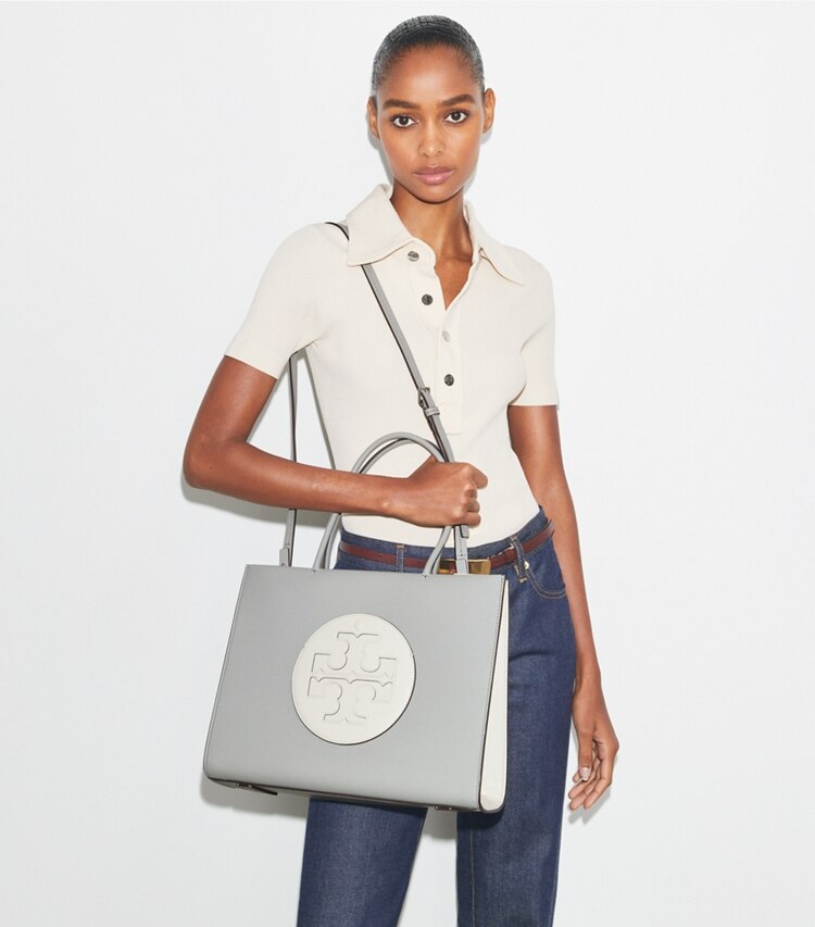 Tory Burch designer tote bags Small Ella Bio Color-Block Tote in Light Granite / Moongaze accessory on model
