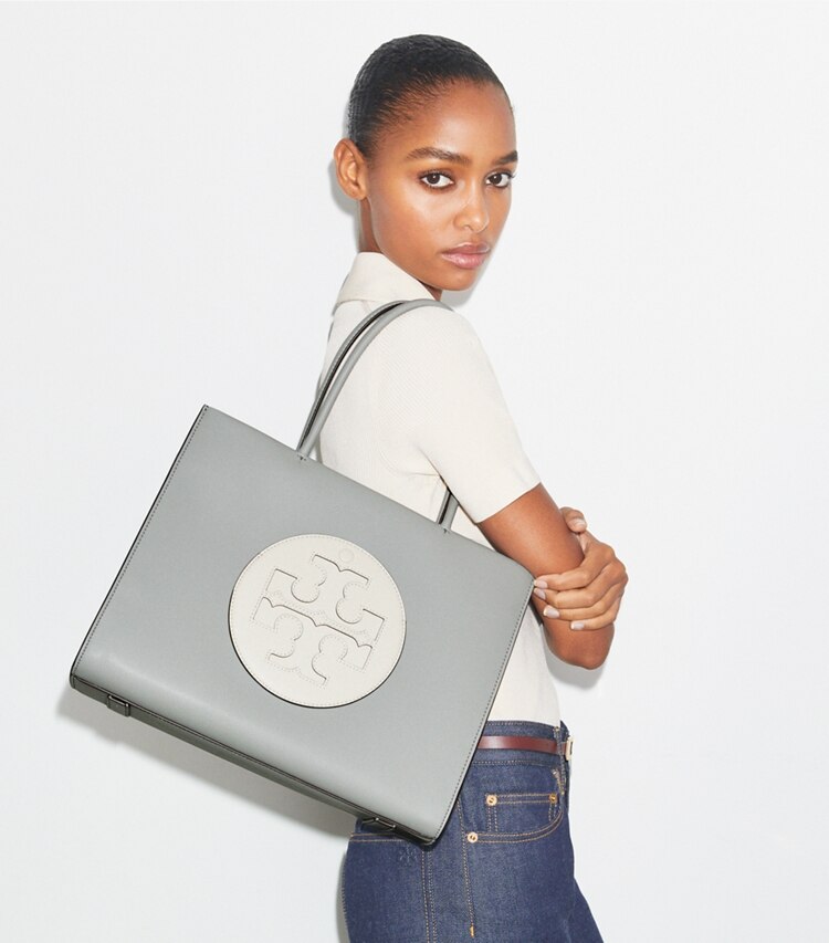 Tory Burch designer tote bags Small Ella Bio Color-Block Tote in Light Granite / Moongaze additional on model