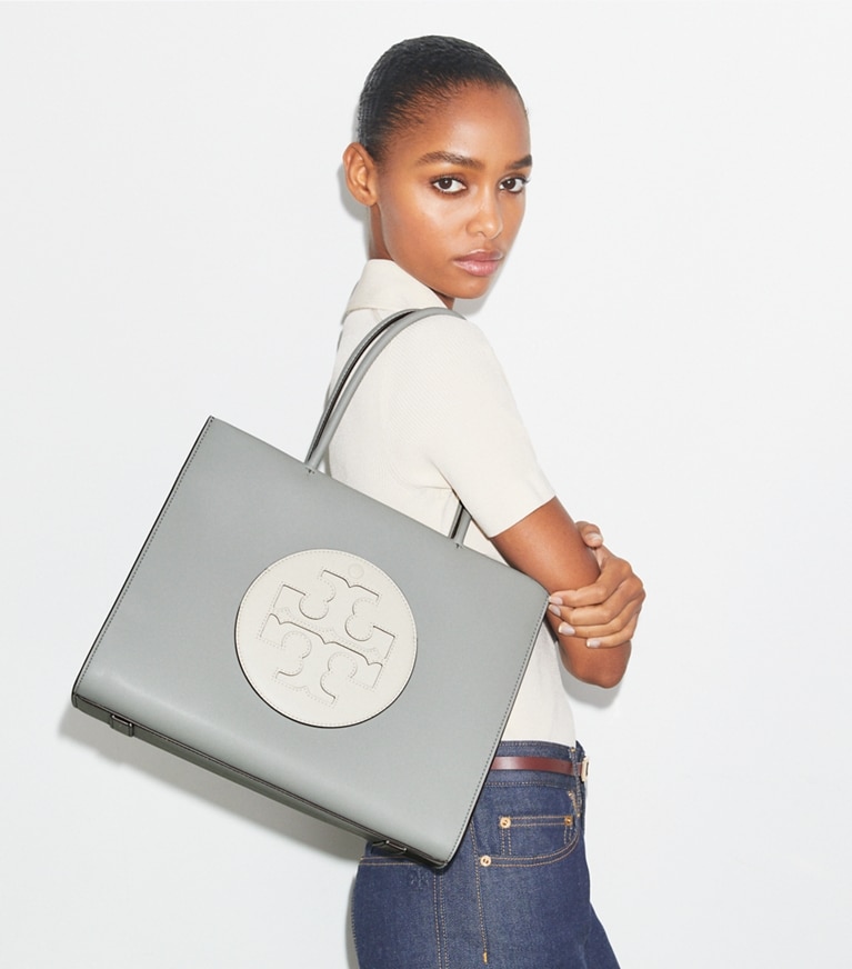 Tory Burch designer tote bags Small Ella Bio Color-Block Tote in Light Granite / Moongaze angle