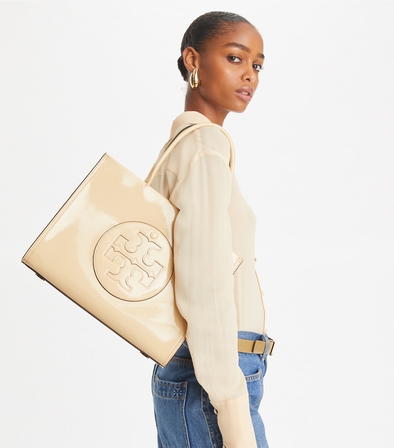 Tory Burch designer tote bags Small Ella Bio Patent Tote in Vanilla Soft Serve angle