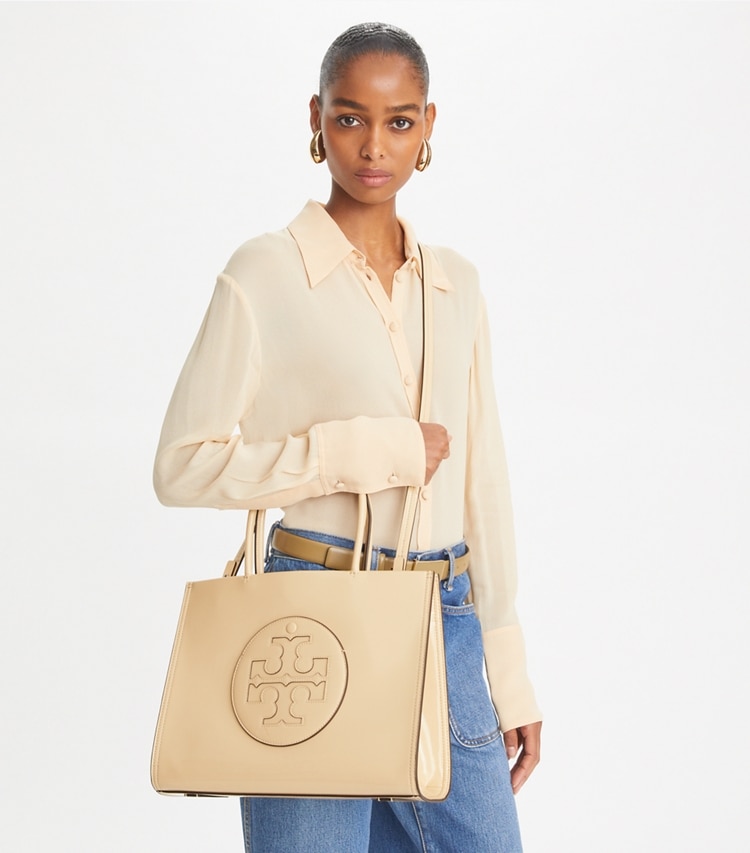 Tory Burch designer tote bags Small Ella Bio Patent Tote in Vanilla Soft Serve additional on model