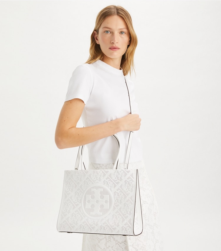 Tory Burch designer tote bags Small Ella Bio Perforated Tote in Blanc accessory on model