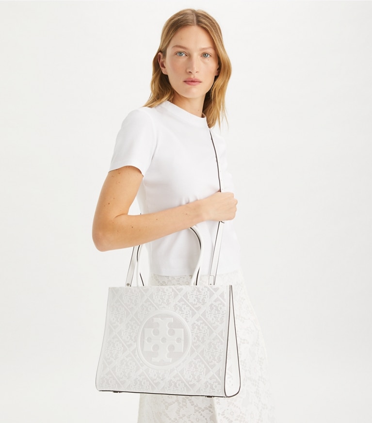 Tory Burch designer tote bags Small Ella Bio Perforated Tote in Blanc angle