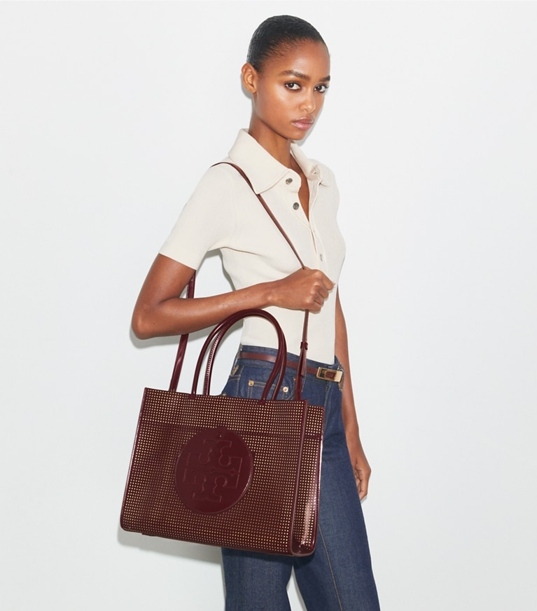 Tory Burch designer tote bags Small Ella Bio Perforated Tote in Beetle Berry angle