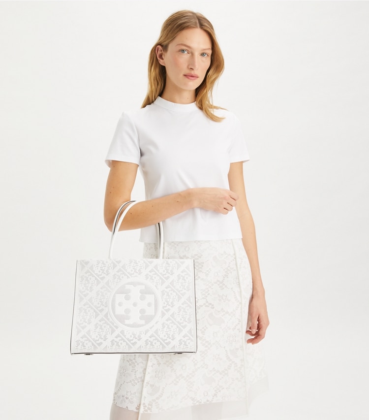 Tory Burch designer tote bags Small Ella Bio Perforated Tote in Blanc additional on model