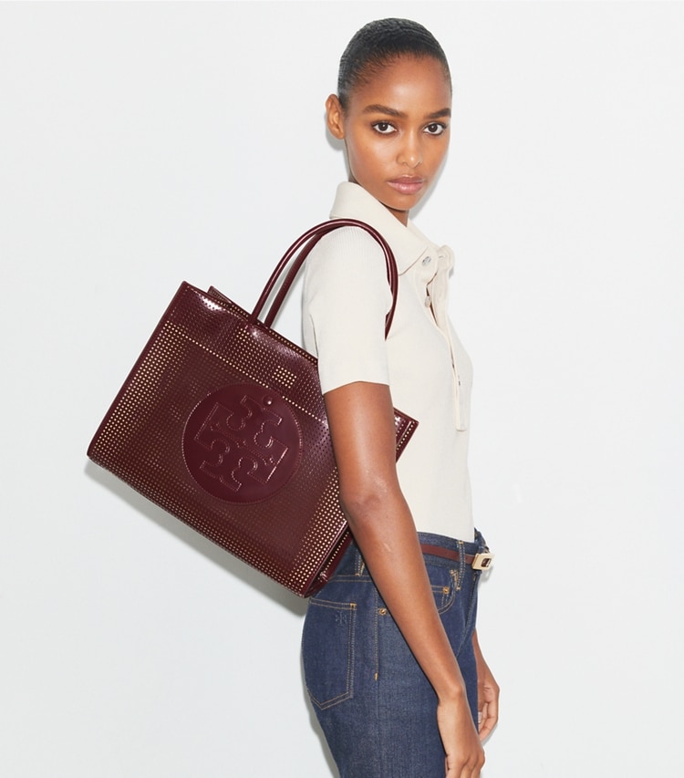 Tory Burch designer tote bags Small Ella Bio Perforated Tote in Beetle Berry additional on model