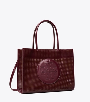 Tory Burch designer tote bags Small Ella Bio Perforated Tote in Beetle Berry angle
