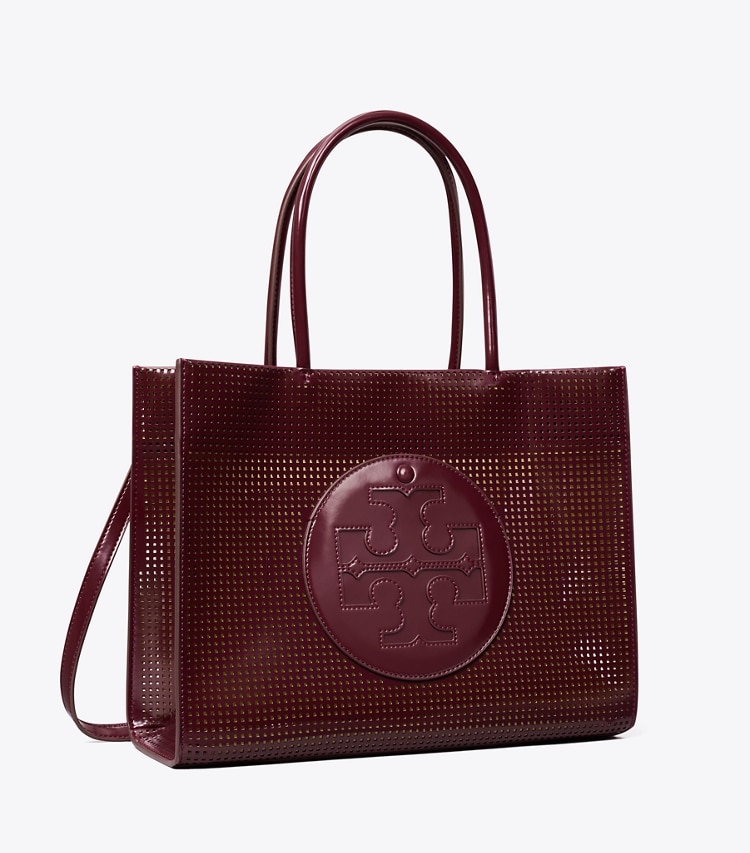 Tory Burch designer tote bags Small Ella Bio Perforated Tote in Beetle Berry angle