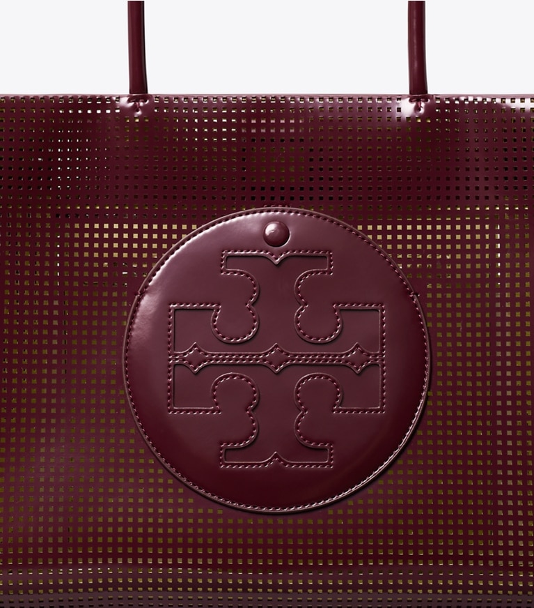 Tory Burch designer tote bags Small Ella Bio Perforated Tote in Beetle Berry angle