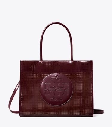 Tory Burch designer tote bags Small Ella Bio Perforated Tote in Beetle Berry front