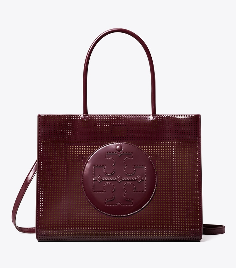 Tory Burch designer tote bags Small Ella Bio Perforated Tote in Beetle Berry front