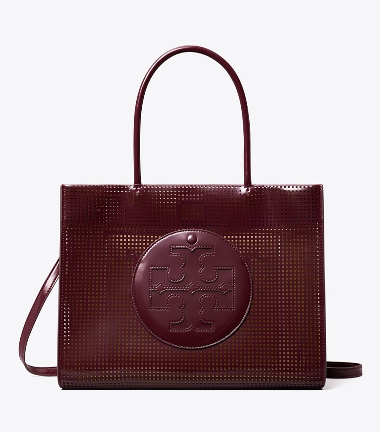 Tory Burch designer tote bags Small Ella Bio Perforated Tote in Beetle Berry angle