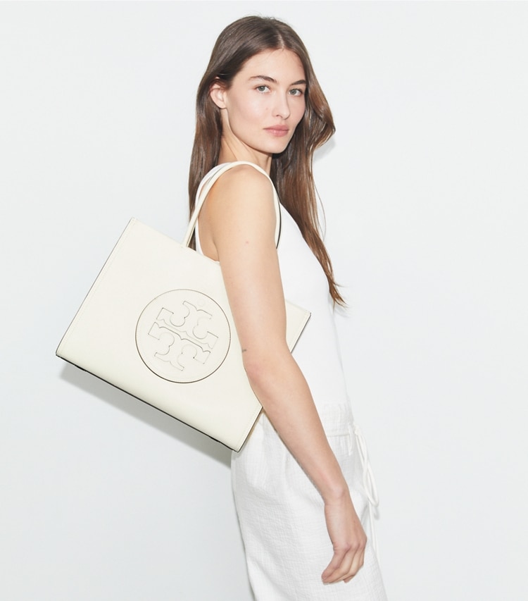 Tory Burch designer tote bags Small Ella Bio Tote in Warm White accessory on model