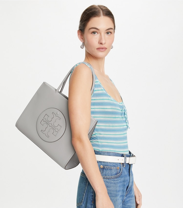 Tory Burch designer tote bags Small Ella Bio Tote in Gray accessory on model