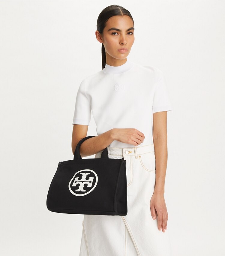 Tory Burch designer tote bags Small Ella Canvas Tote in Black accessory on model